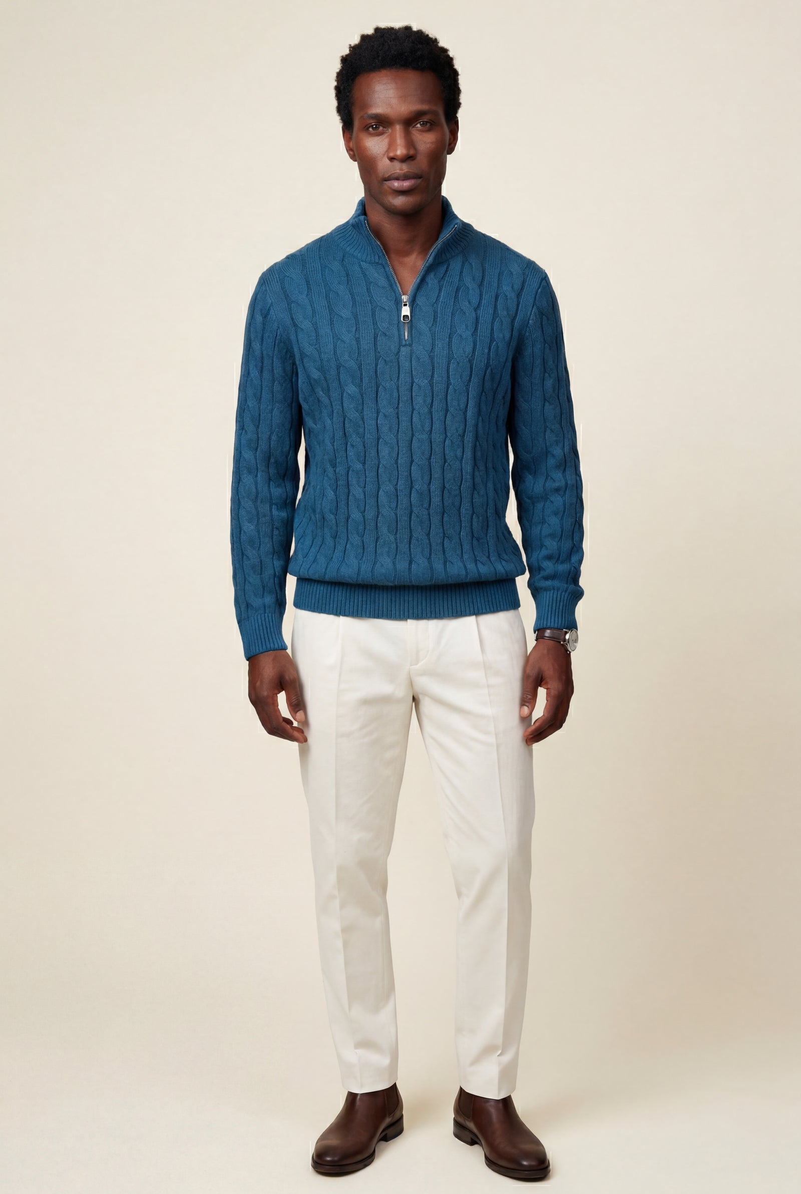 Blue Cable- Half-zip Turtleneck Sweater with Ribbed Hem - Turtleneck sweaters - Photo 3