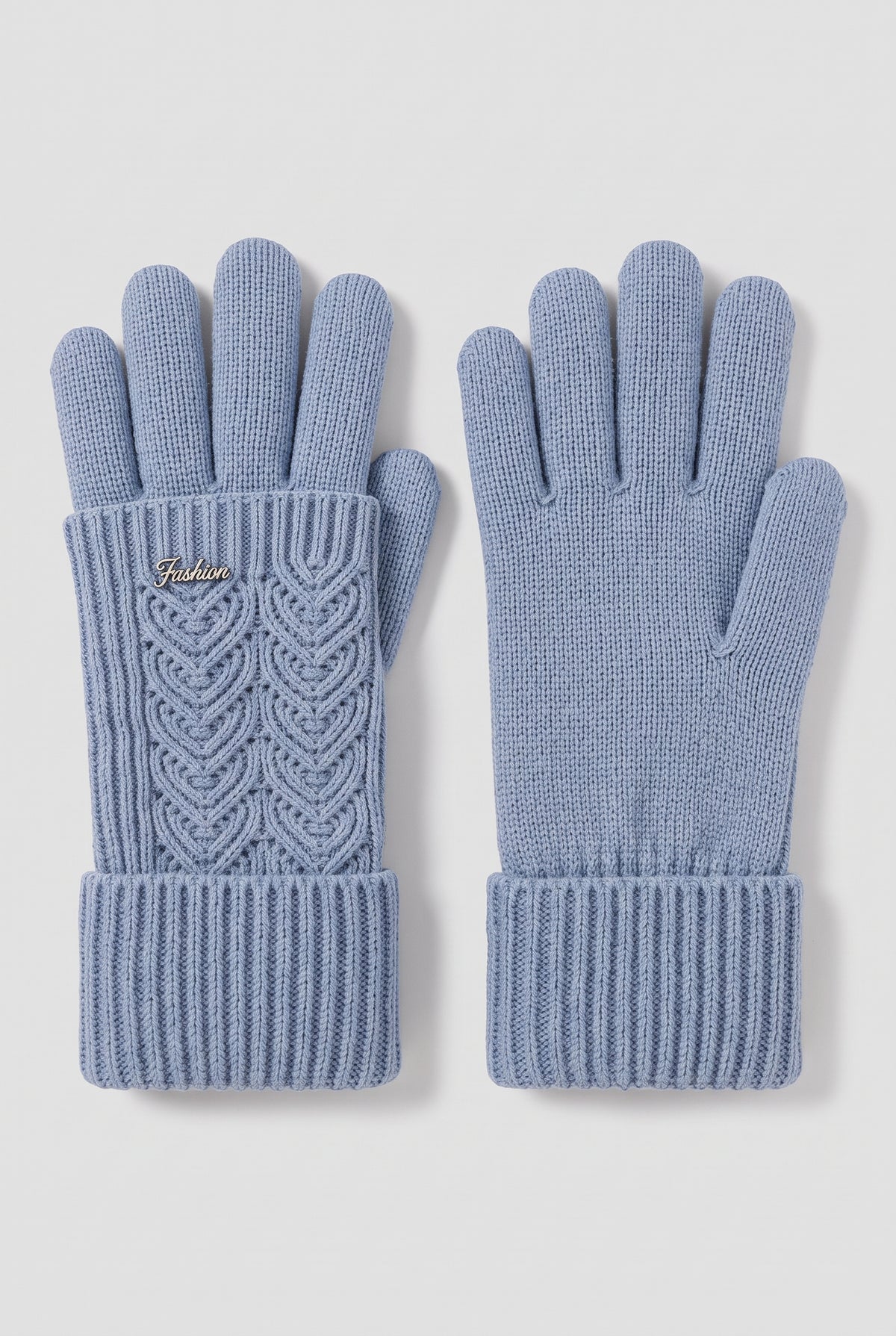 Cable-Knit Gloves with Ribbed Cuffs in Blue — studio front