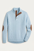 Cable Knit Quarter-Button Sweater in Blue — studio front