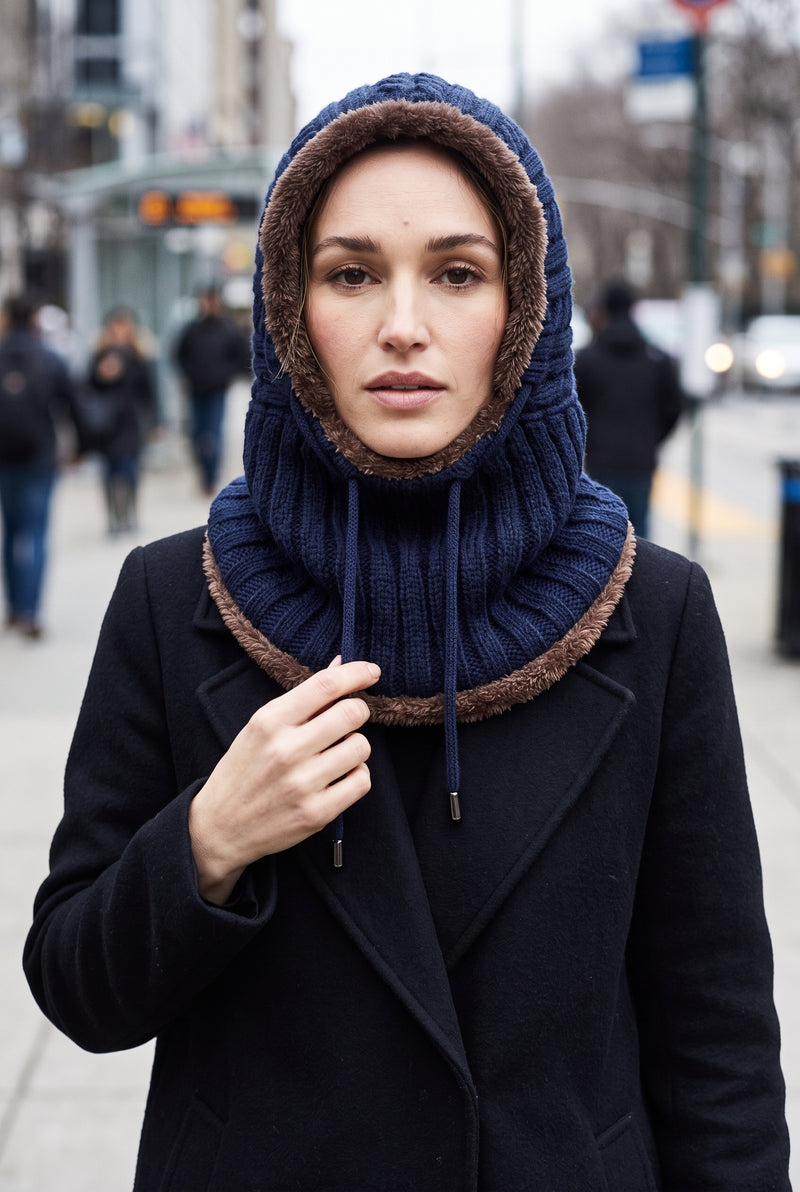 Chunky Knit Hooded Neck Warmer in Blue — lifestyle