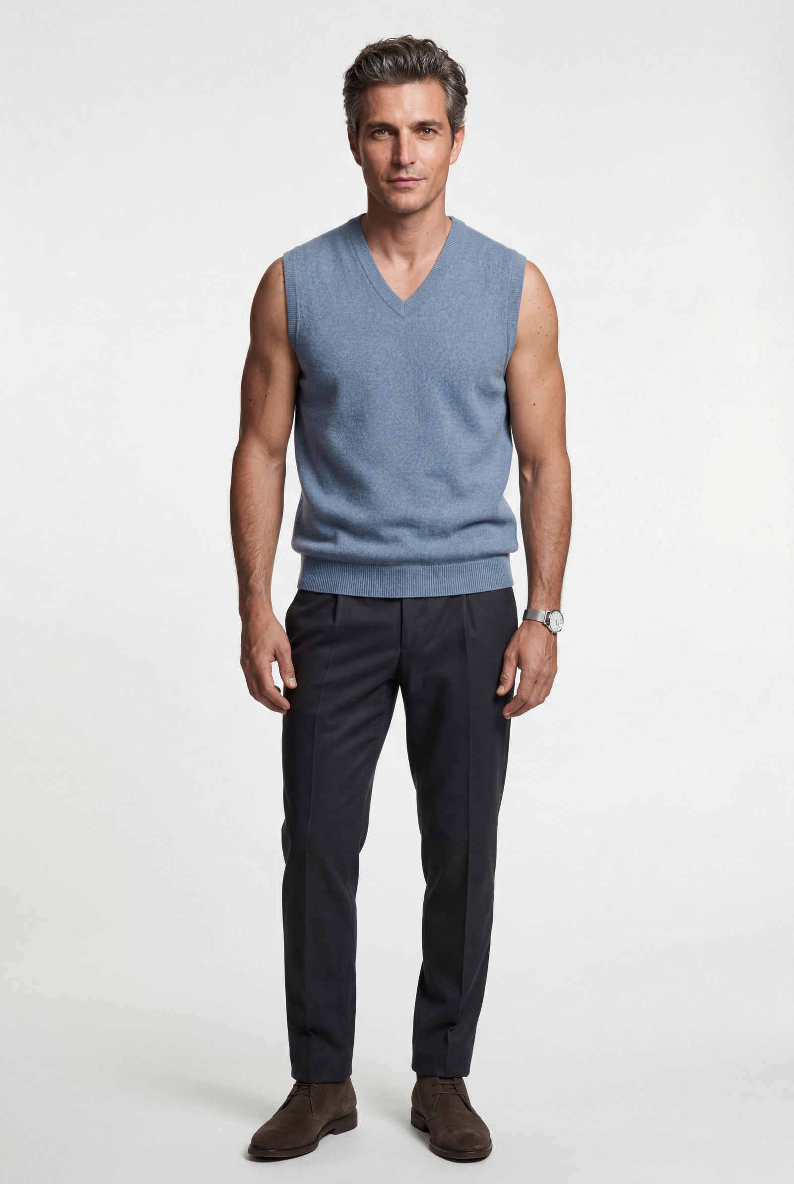 Blue Classic V-neck Sweater Vest with Ribbed Hem - Vests - Photo 14