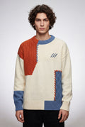 Blue Colorblock Patchwork Textured Crewneck Sweater - Photo 2