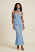Blue Crochet Floral Applique Halter Maxi Dress - Photo 3