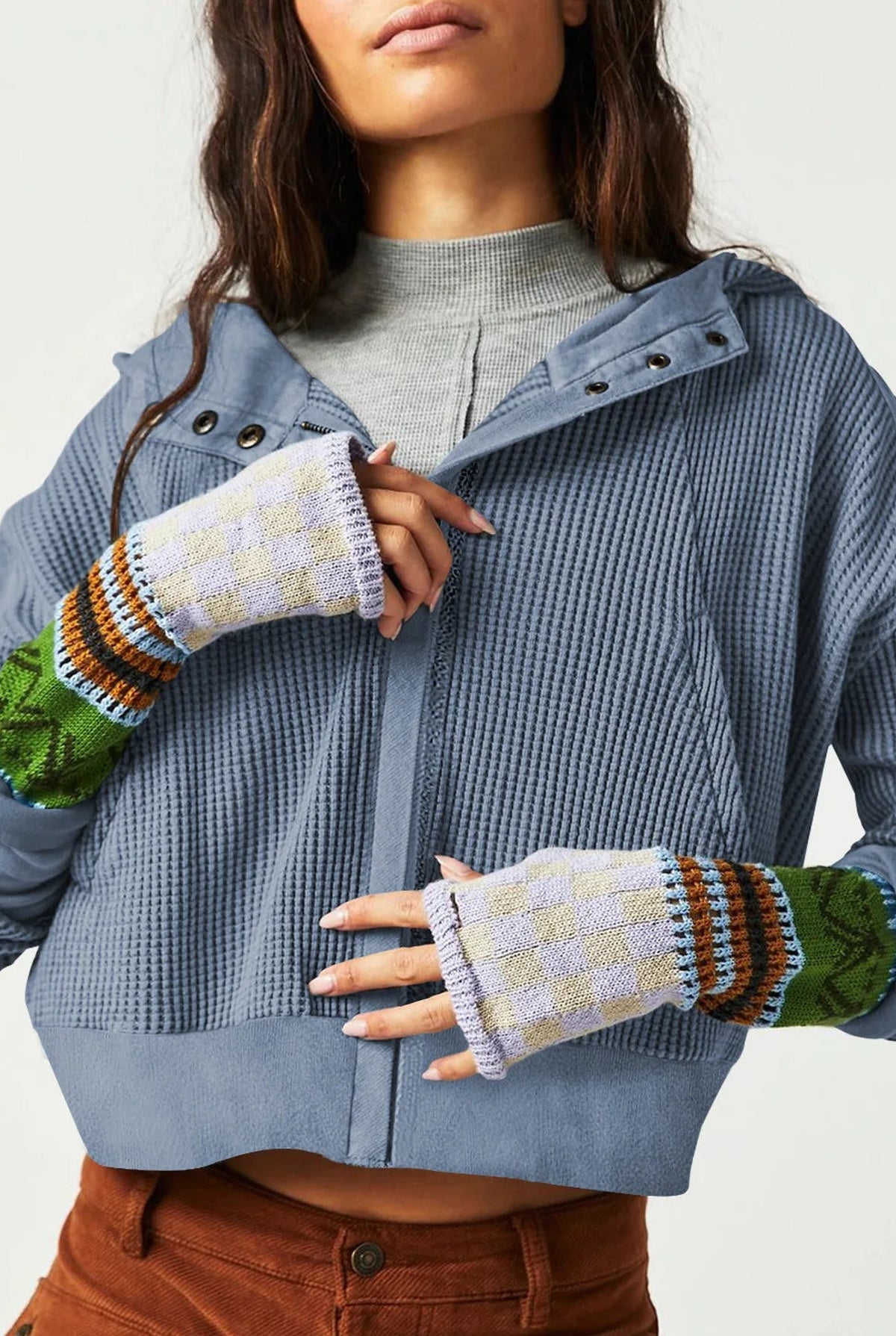 Cropped Waffle Zip-Up Hoodie in Blue — detail
