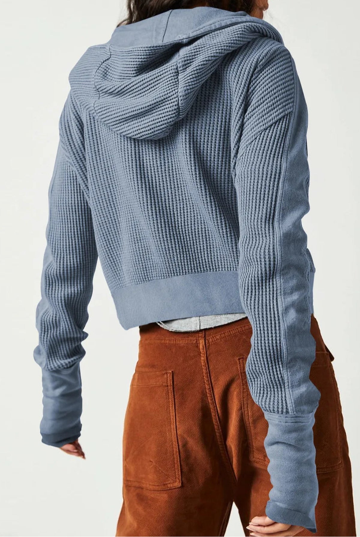 Cropped Waffle Zip-Up Hoodie in Blue — back