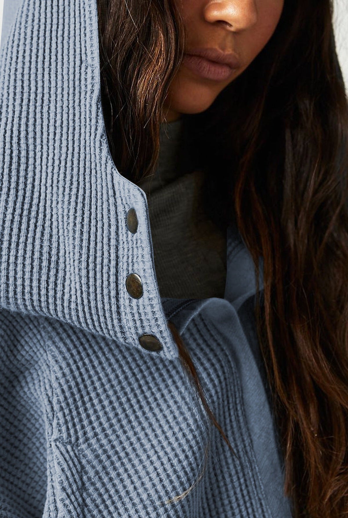 Cropped Waffle Zip-Up Hoodie in Blue — detail