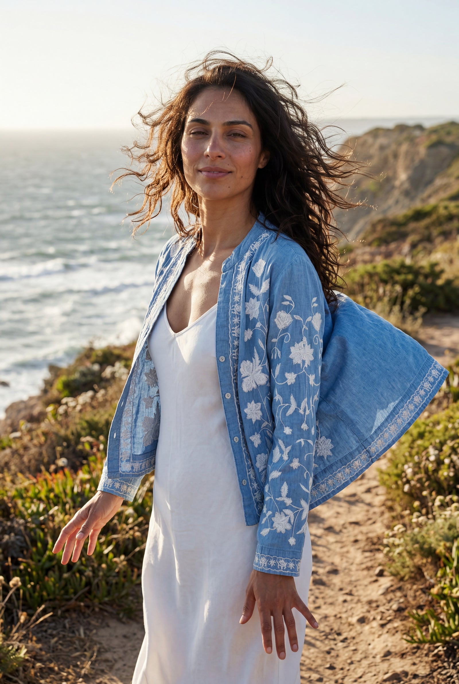 Blue Floral Embroidered Button-front Blouse with V-neckline - Blouses - Photo 7