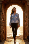 Blue Floral Embroidered Button-front Blouse with V-neckline - Blouses - Photo 8