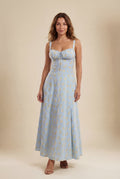 Blue Floral Ruched Bust A-line Sundress with Front Slit - A-line sundresses - Photo 5