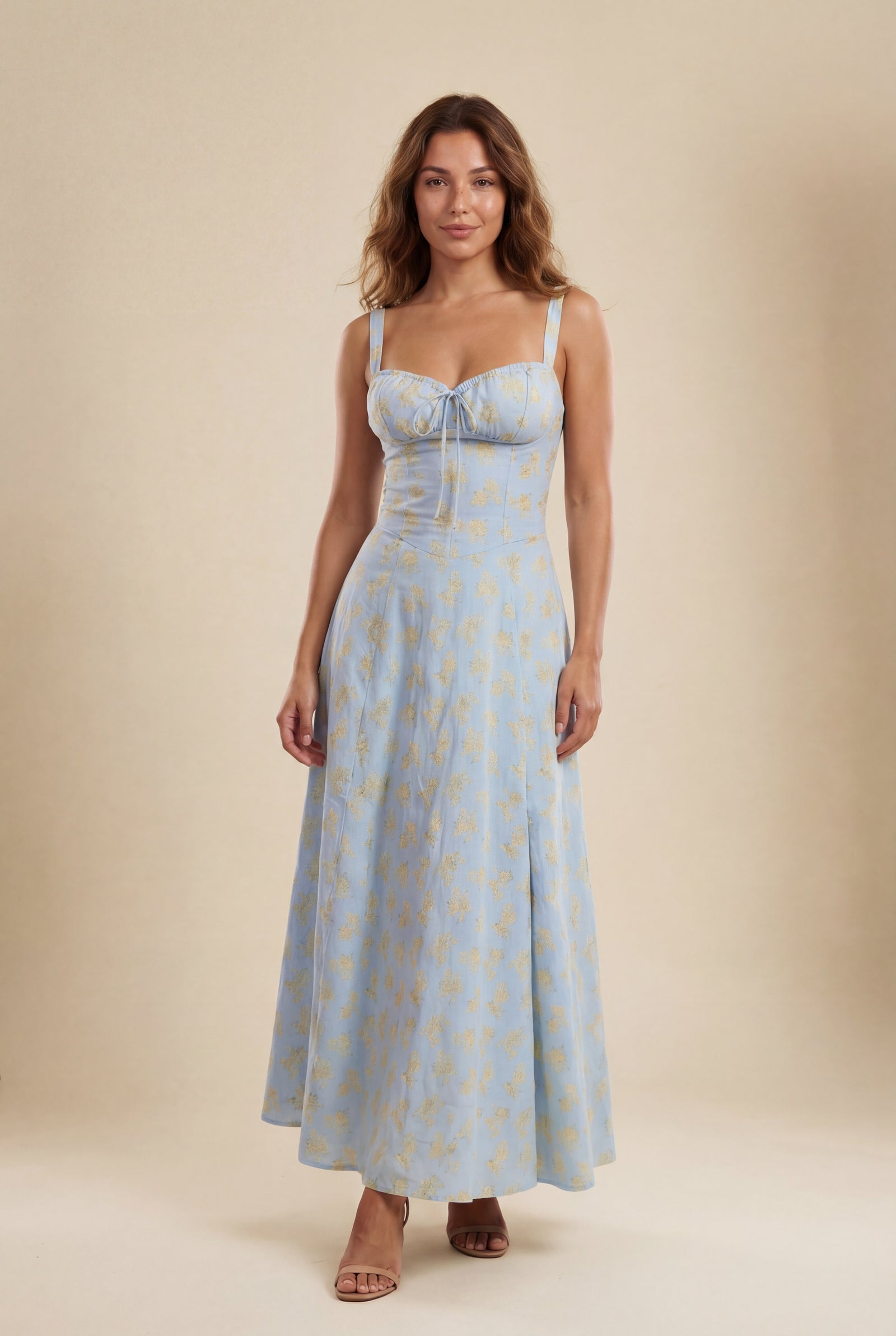 Blue Floral Ruched Bust A-line Sundress with Front Slit - A-line sundresses - Photo 5