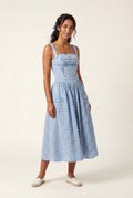 Blue Gingham Square Neck A-line Midi Sundress with Pockets - Midi dress - Photo 1