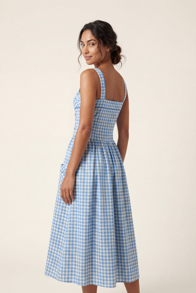 Blue Gingham Square Neck A-line Midi Sundress with Pockets - Midi dress - Photo 2