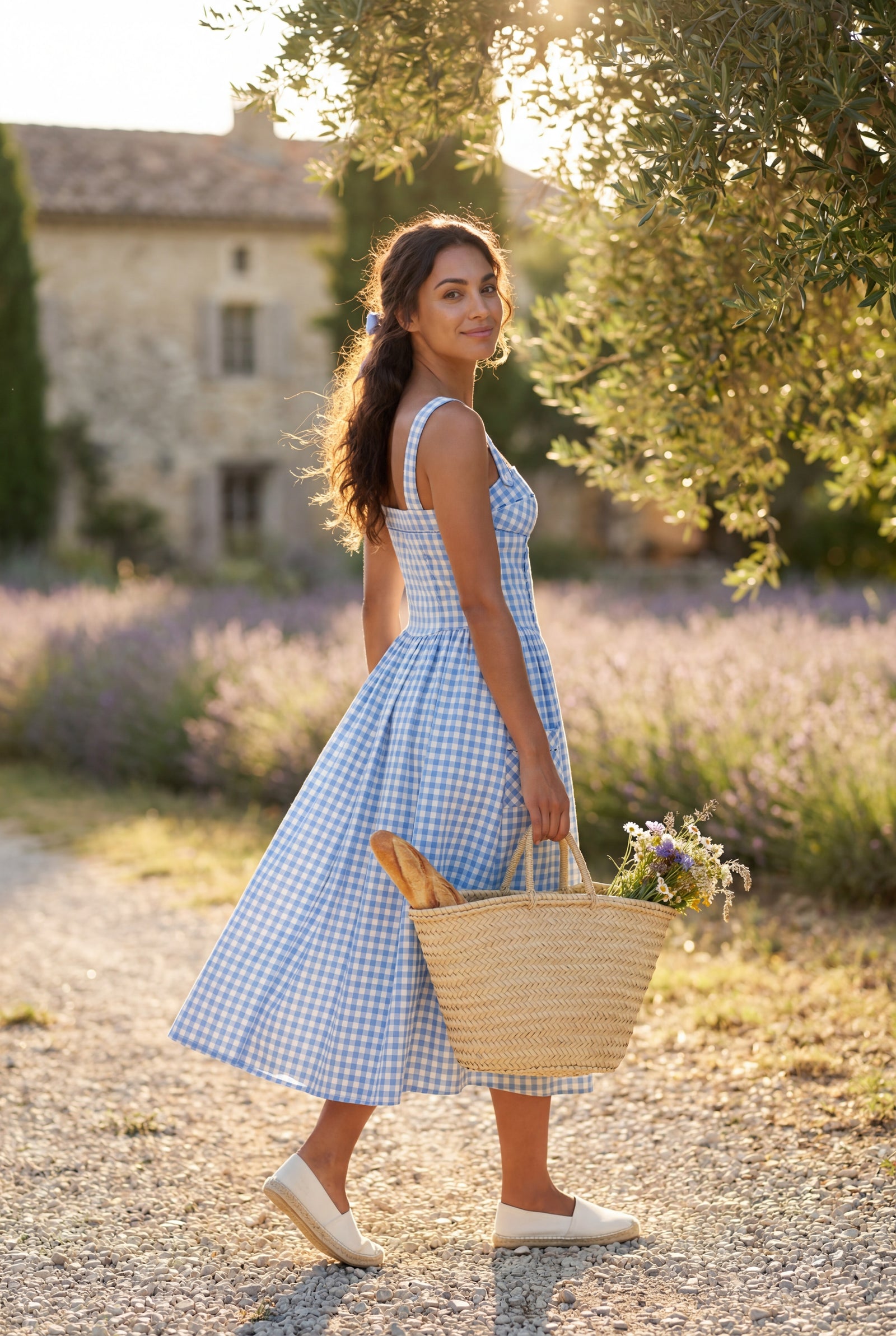 Blue Gingham Square Neck A-line Midi Sundress with Pockets - Midi dress - Photo 3