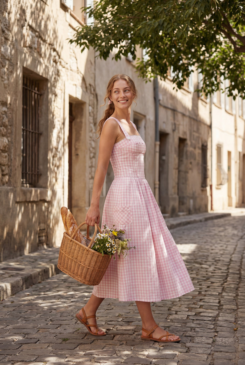 Pink Gingham Square Neck A-line Midi Sundress with Pockets - Midi dress - Photo 4