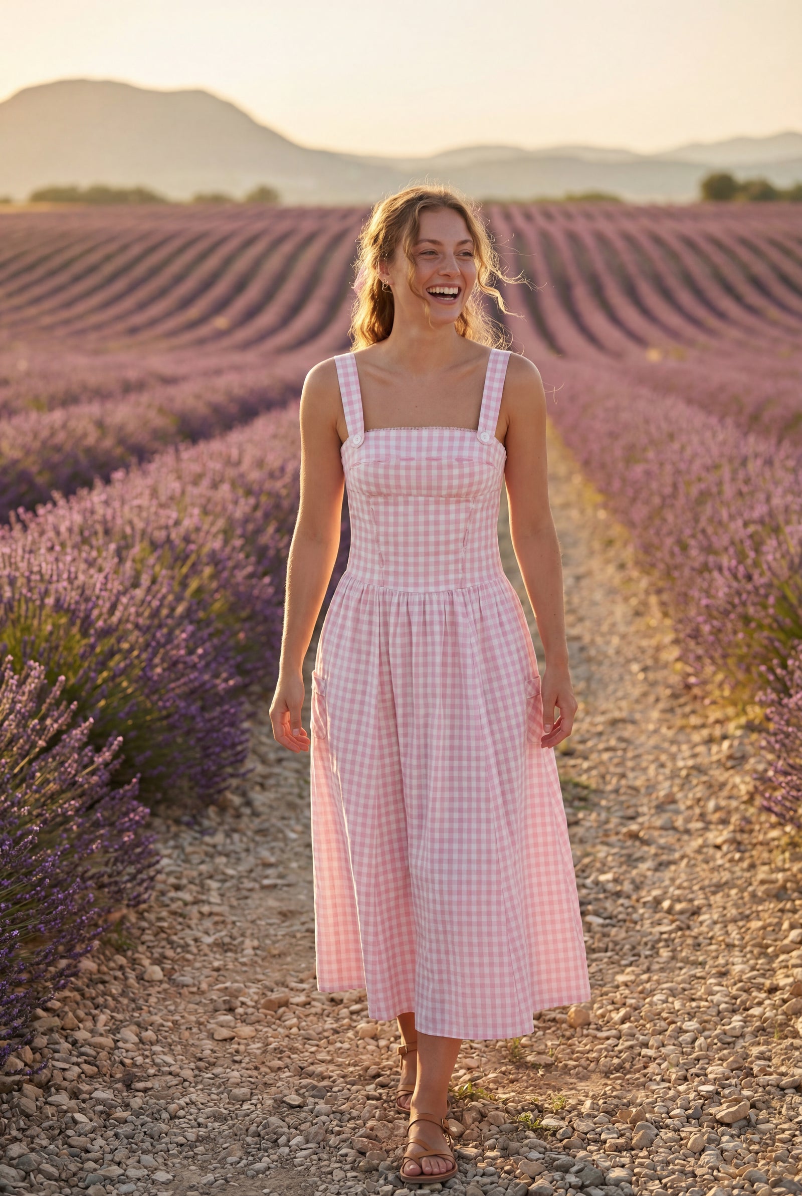 Pink Gingham Square Neck A-line Midi Sundress with Pockets - Midi dress - Photo 5