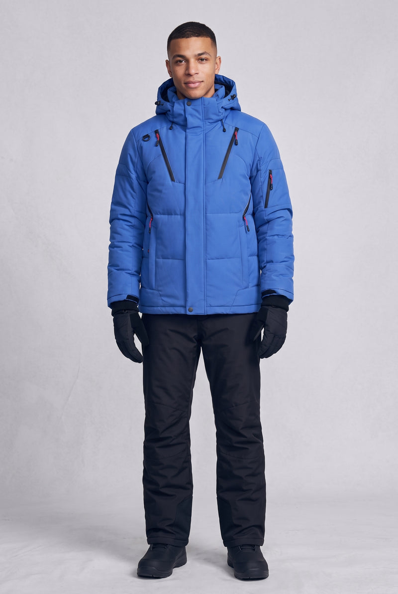 Hooded Ski Jacket and Trousers Set in Blue — studio front