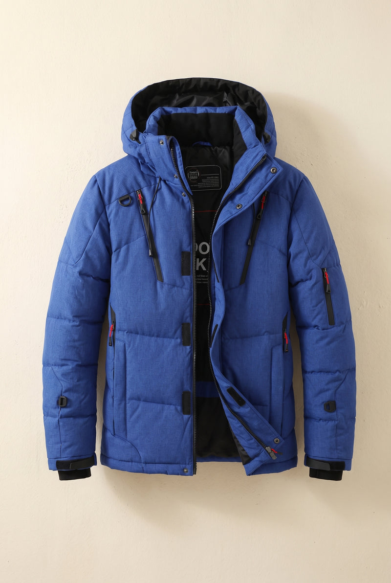 Insulated Hooded Puffer Coat in Blue — studio front