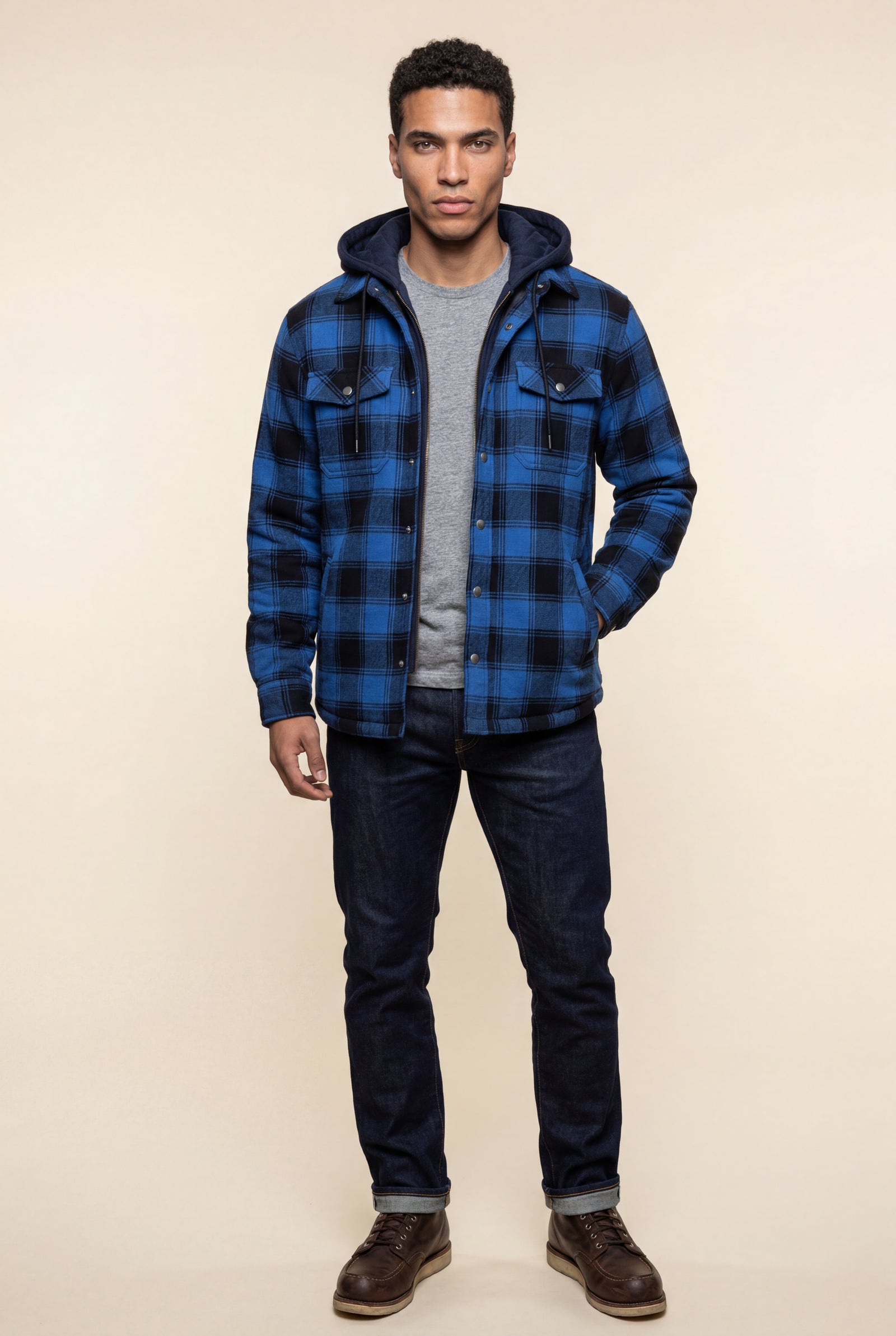 Blue Large Check Pattern Hooded Flannel Jacket - Hooded jackets - Photo 1