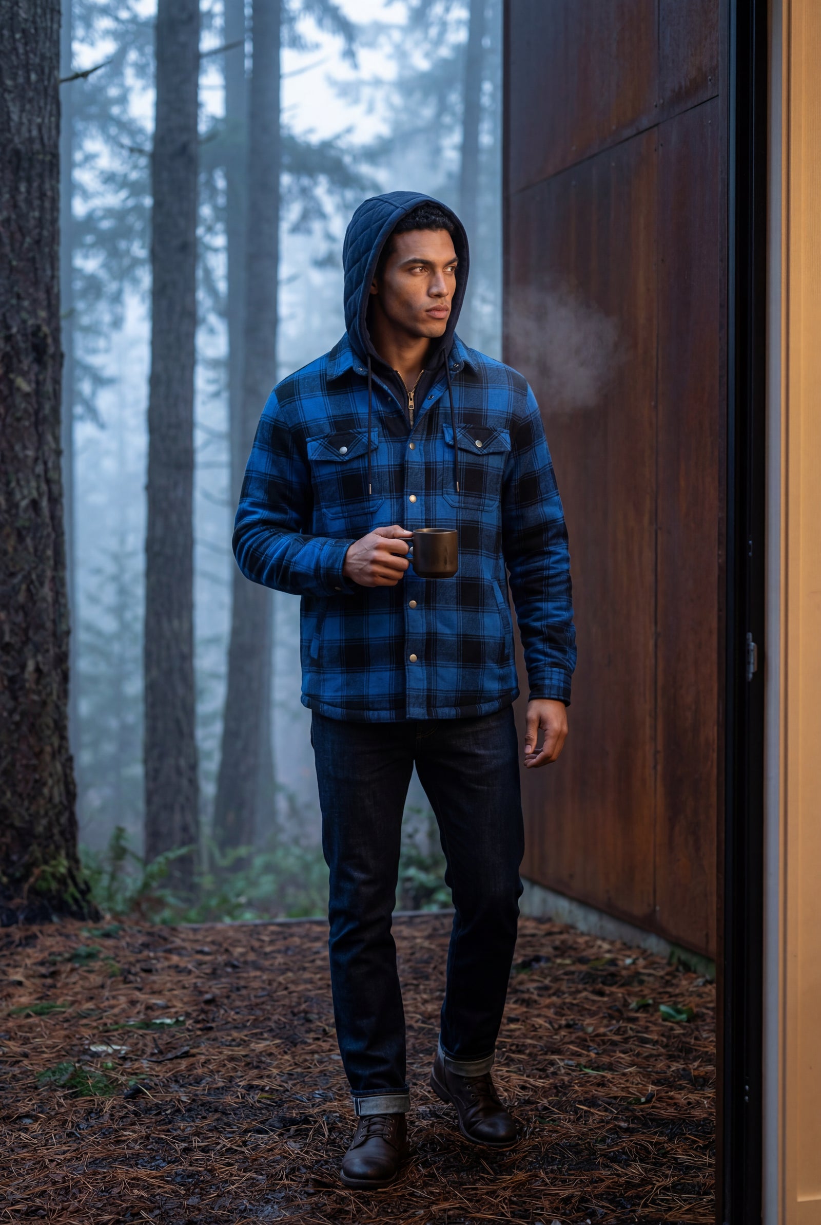 Blue Large Check Pattern Hooded Flannel Jacket - Hooded jackets - Photo 8