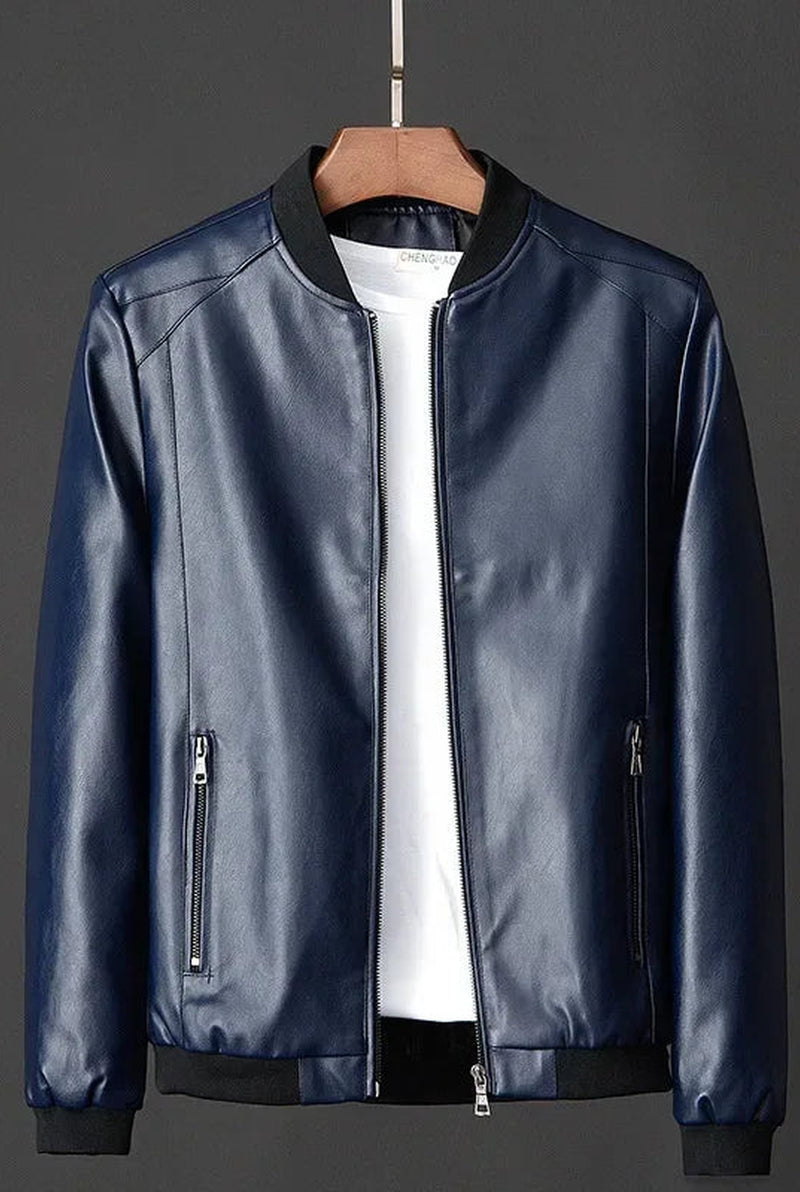 Leather Bomber Jacket in Blue — front view