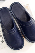 Leather Slip-On Slippers in Blue — front view