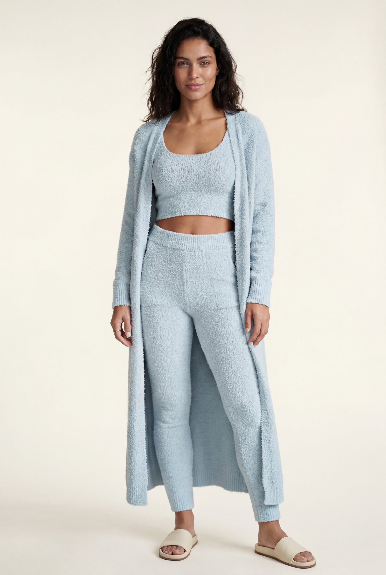 Blue Longline Cardigan 3-piece Ribbed Loungewear Set - Photo 3