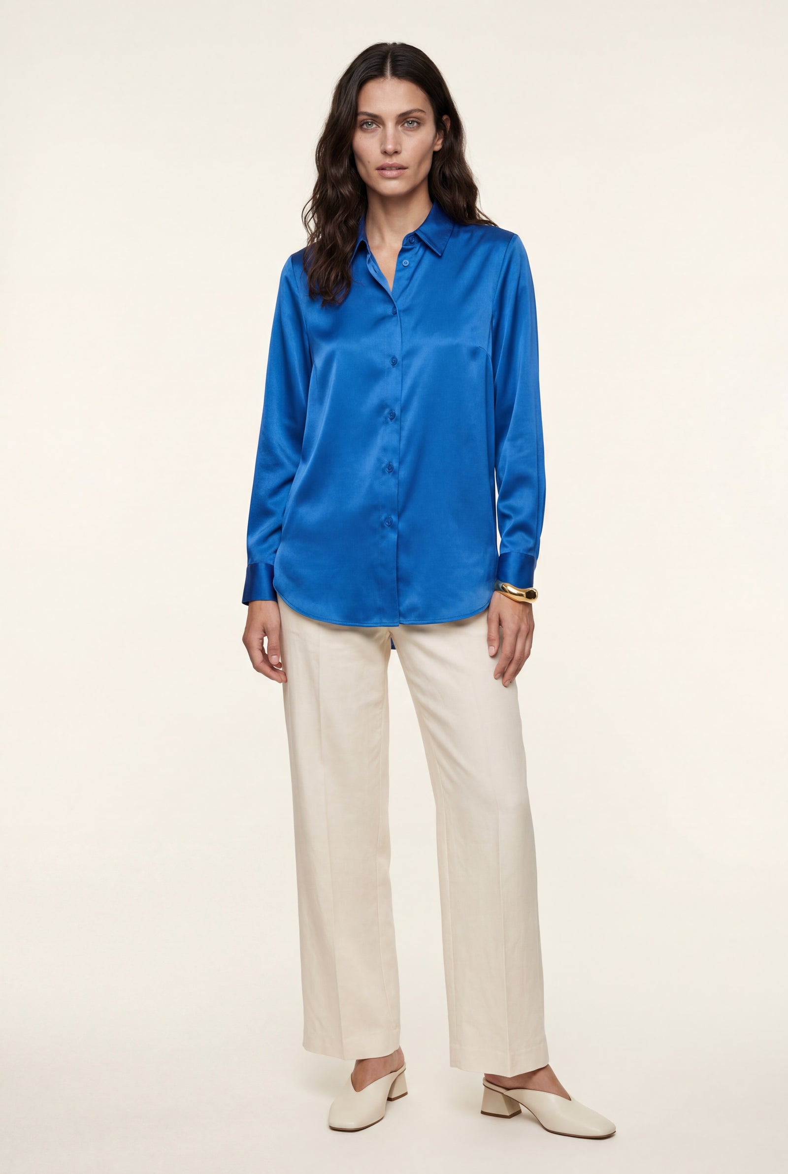 Blue Lustrous Tailored Long Sleeve Button-up Blouse - Blouses - Photo 20