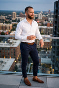 Men Chino Slim Fit in Blue — lifestyle rooftop
