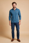 Men Polo Shirt Long Sleeve Checkered Collar in Blue — primary studio shot