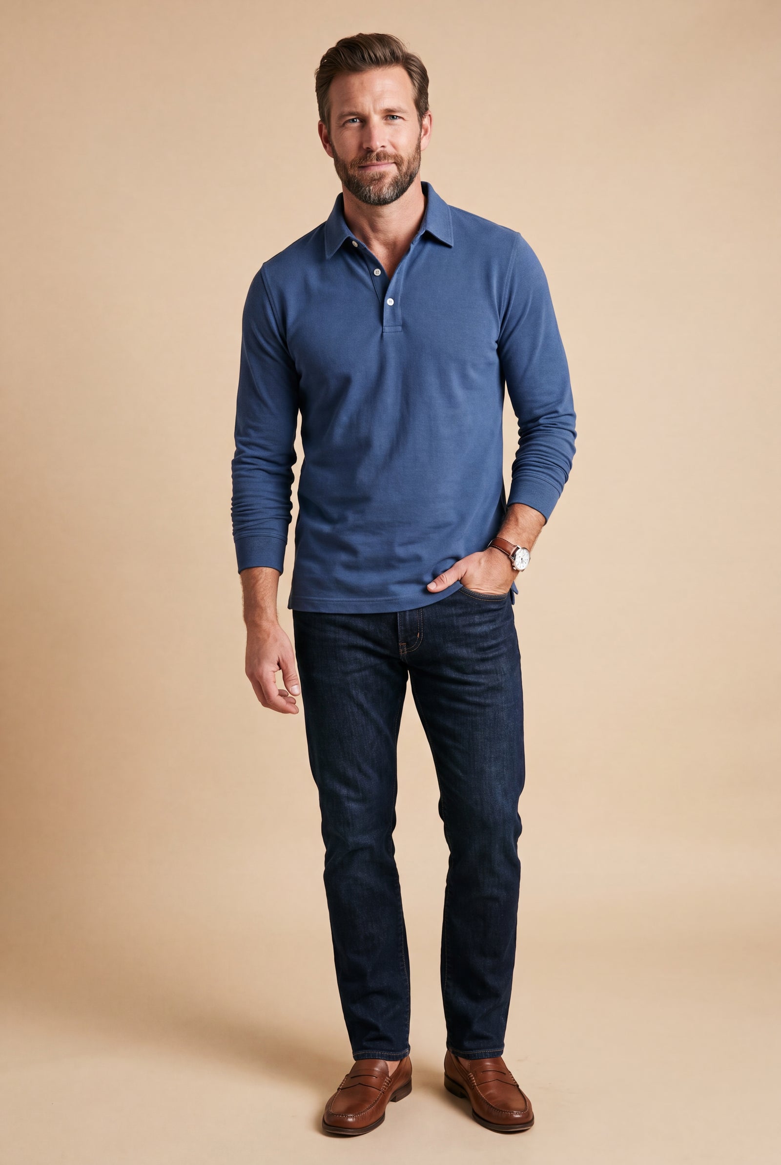 Men Polo Shirt Long Sleeve Slim Fit in Blue — primary studio