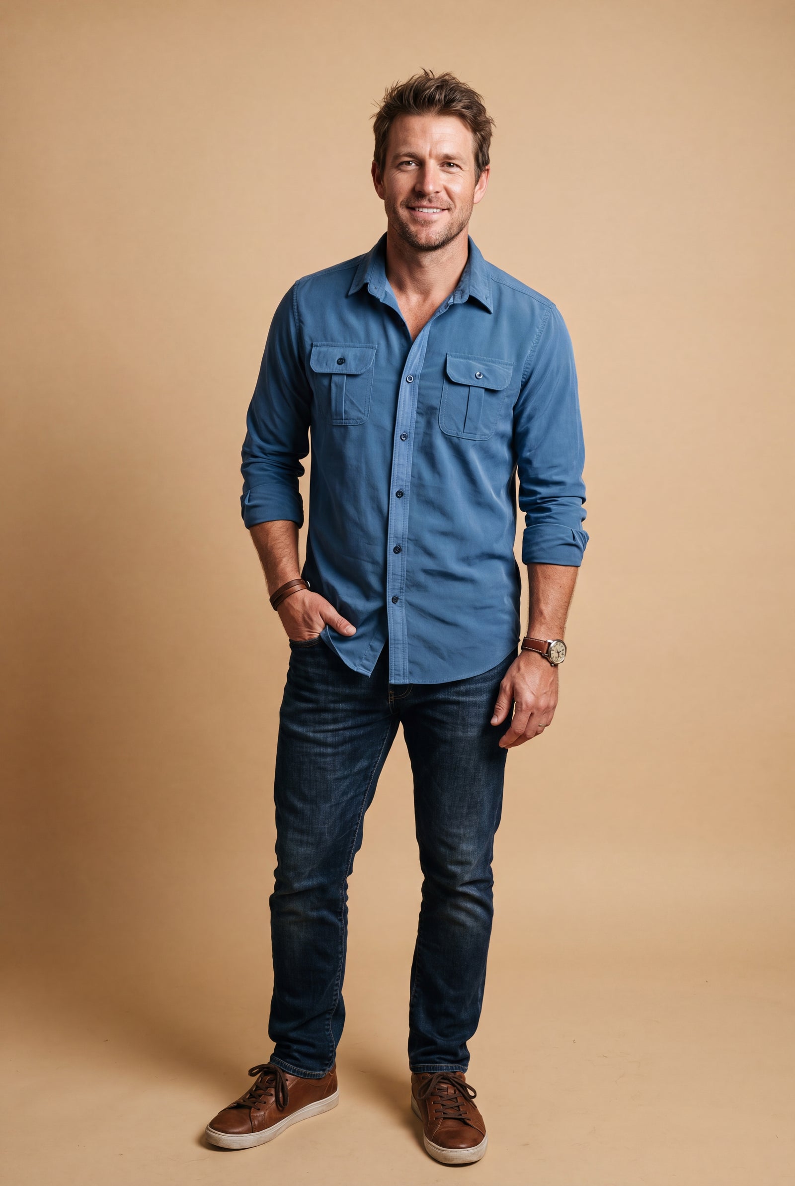 Men's Shirt Button Pockets Long Sleeve in Blue — studio front