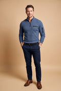 Men's Sweater Half-Zip Stand Collar in Blue — studio fullbody