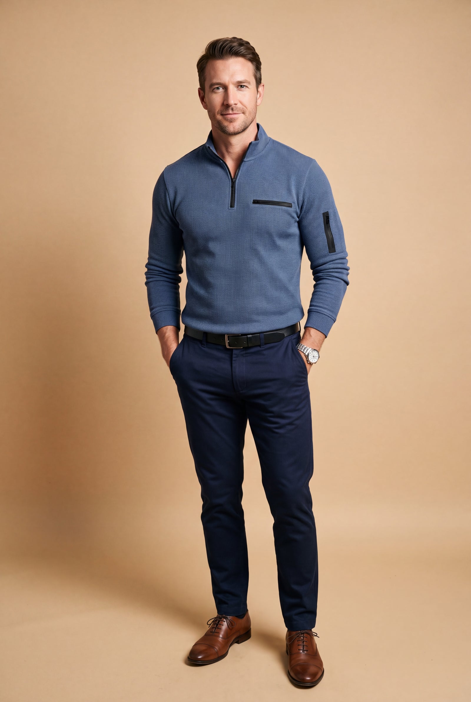 Men's Sweater Half-Zip Stand Collar in Blue — studio fullbody