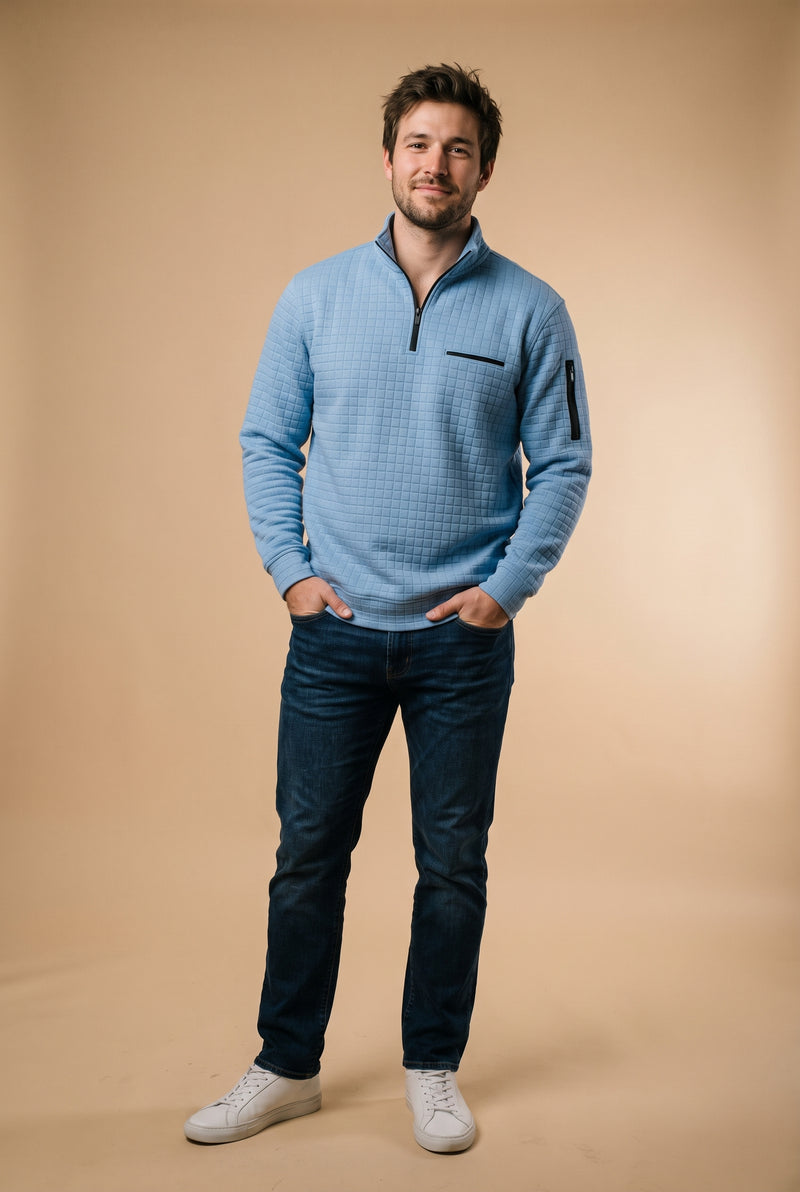 Men's Sweater Long Sleeve Waffle in Blue — studio shot
