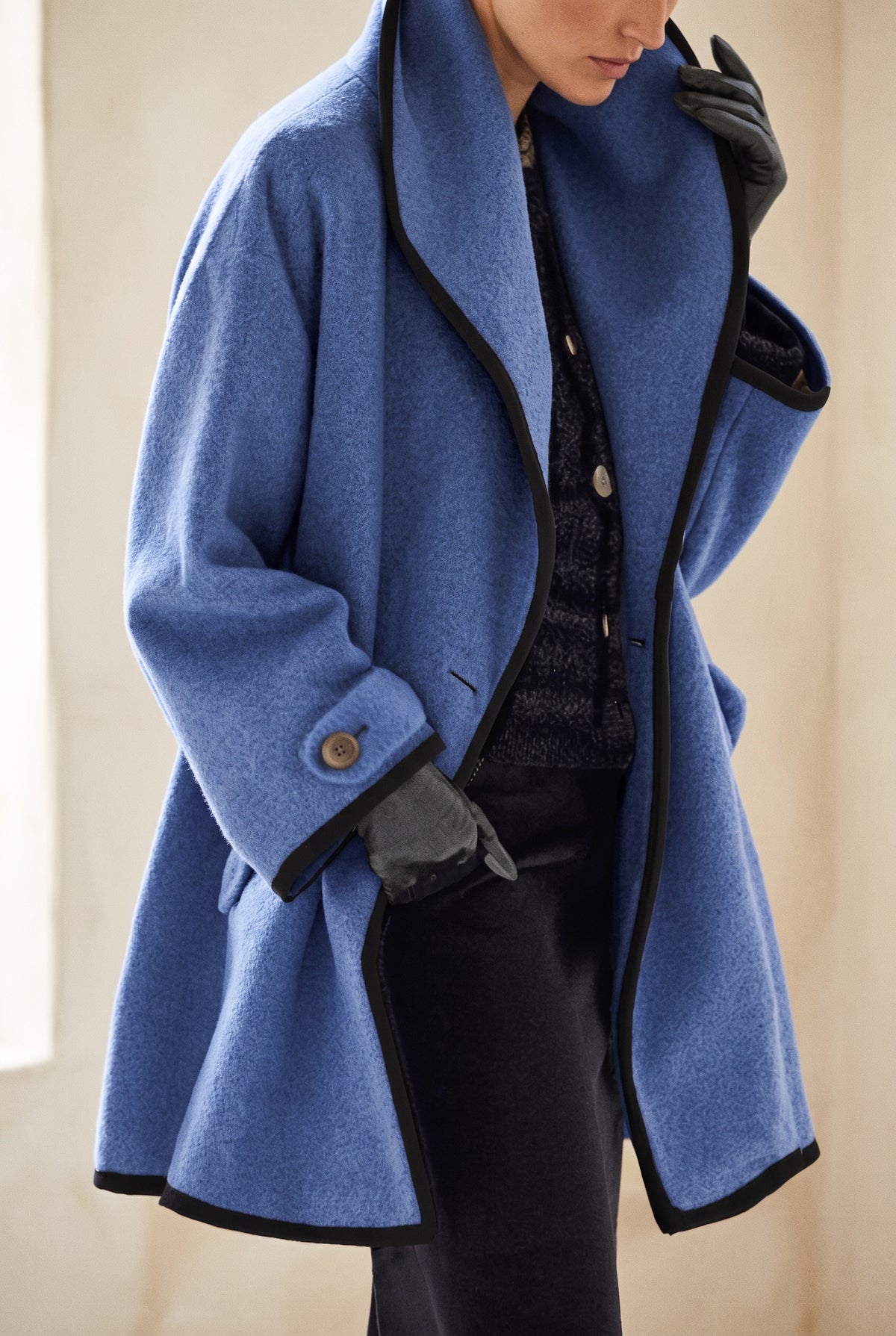 Open-Front Wool Coat in Blue — studio front