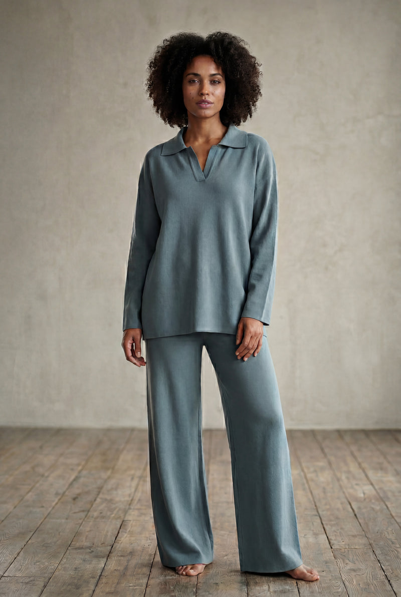 Blue Oversized Collared Lounge Set with Wide-leg Trousers - Oversized set - Photo 3