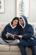 Oversized Fleece Blanket Hoodie in Blue — studio front