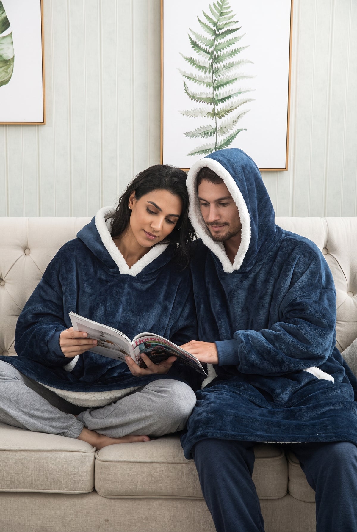 Oversized Fleece Blanket Hoodie in Blue — studio front