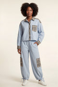 Blue Patchwork Button-up Pajama Set with Jogger Pants - Photo 1
