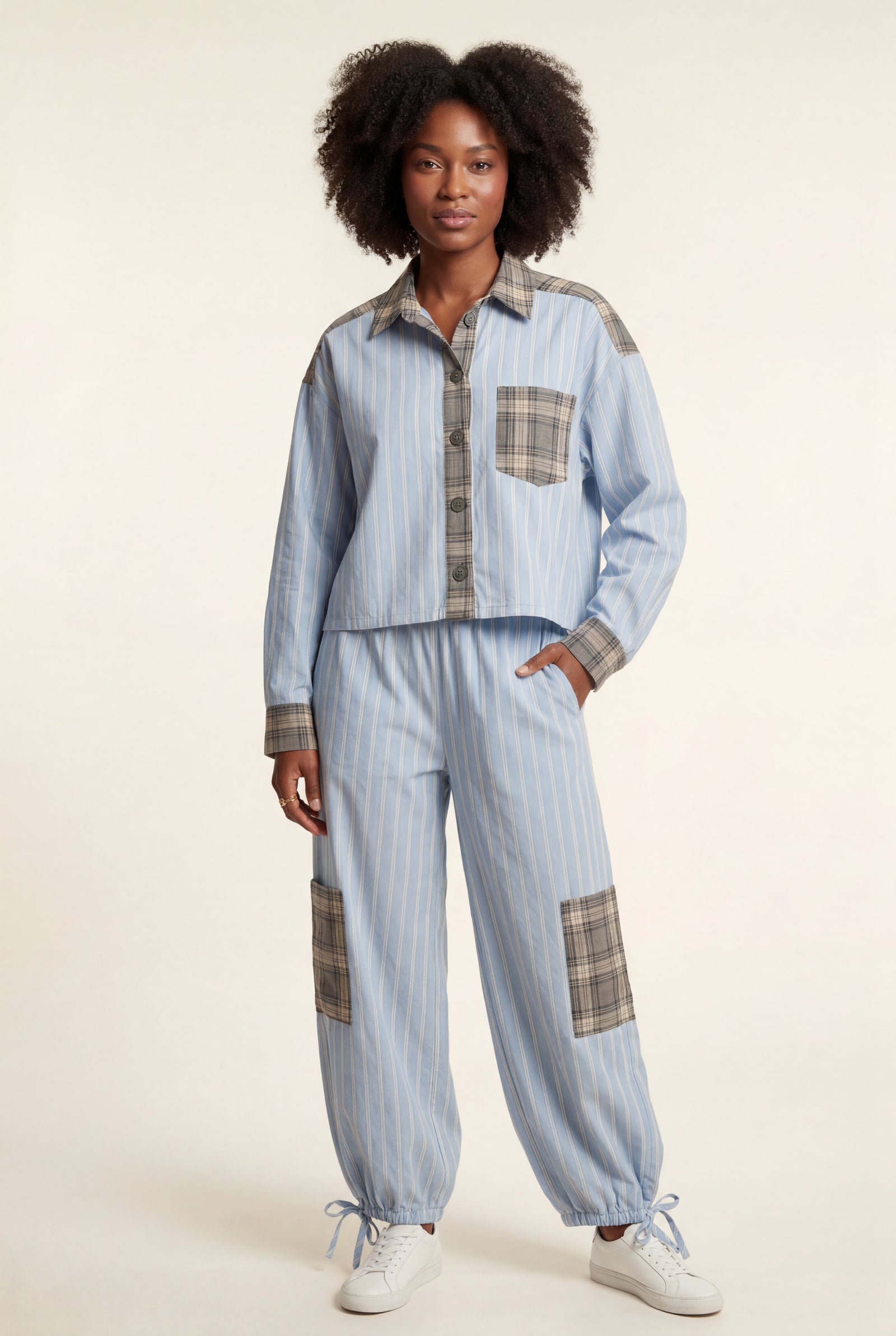 Blue Patchwork Button-up Pajama Set with Jogger Pants - Photo 1