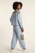 Blue Patchwork Button-up Pajama Set with Jogger Pants - Photo 3