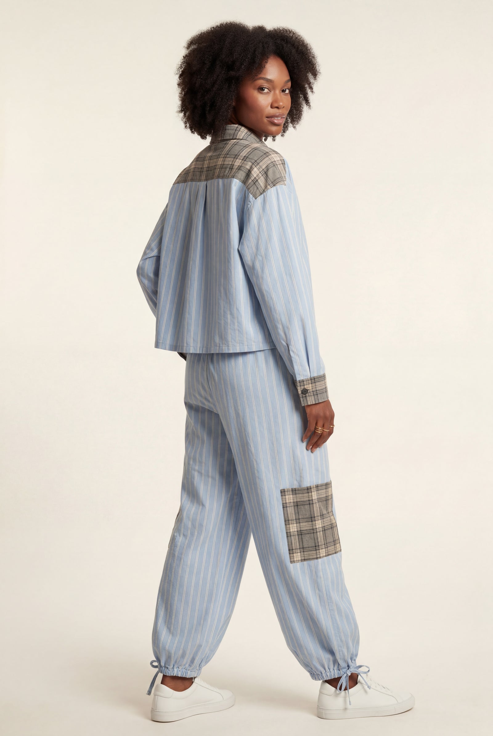 Blue Patchwork Button-up Pajama Set with Jogger Pants - Photo 3