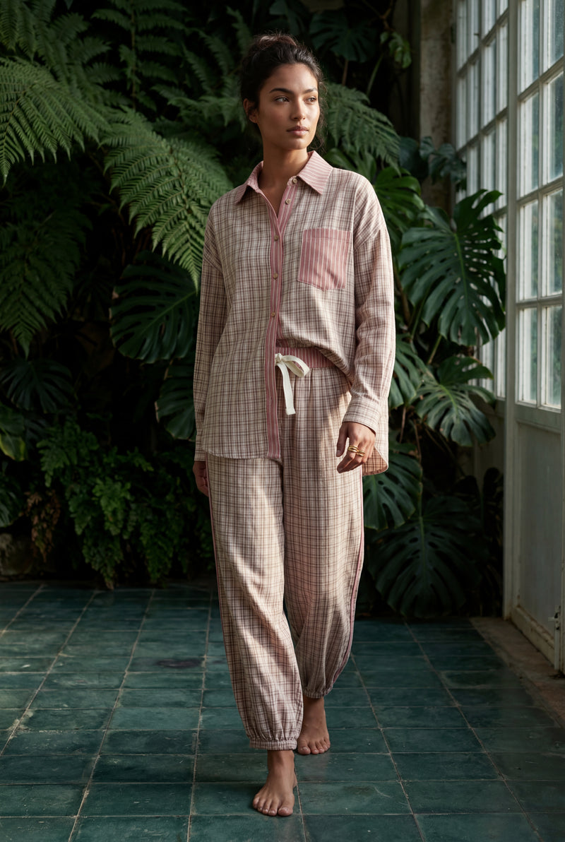 Pink Patchwork Button-up Pajama Set with Jogger Pants - Photo 4