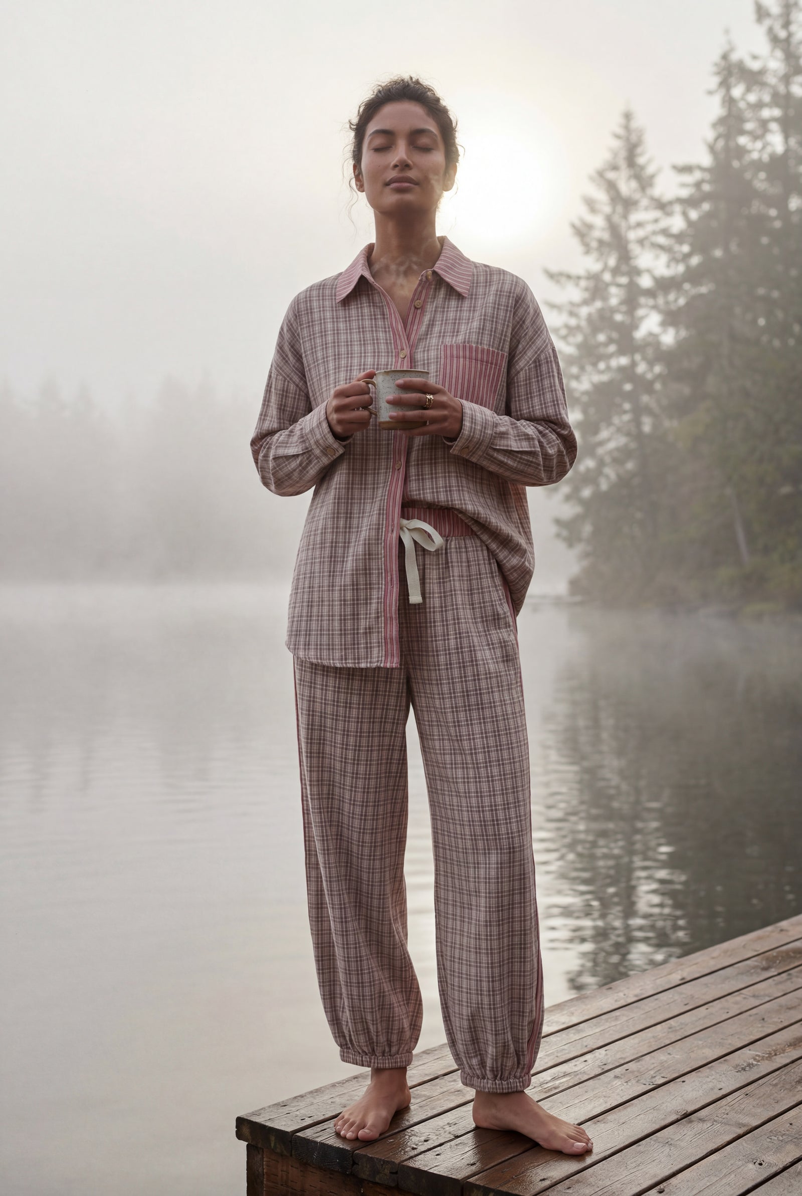 Pink Patchwork Button-up Pajama Set with Jogger Pants - Photo 6