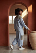 Blue Patchwork Button-up Pajama Set with Jogger Pants - Photo 7