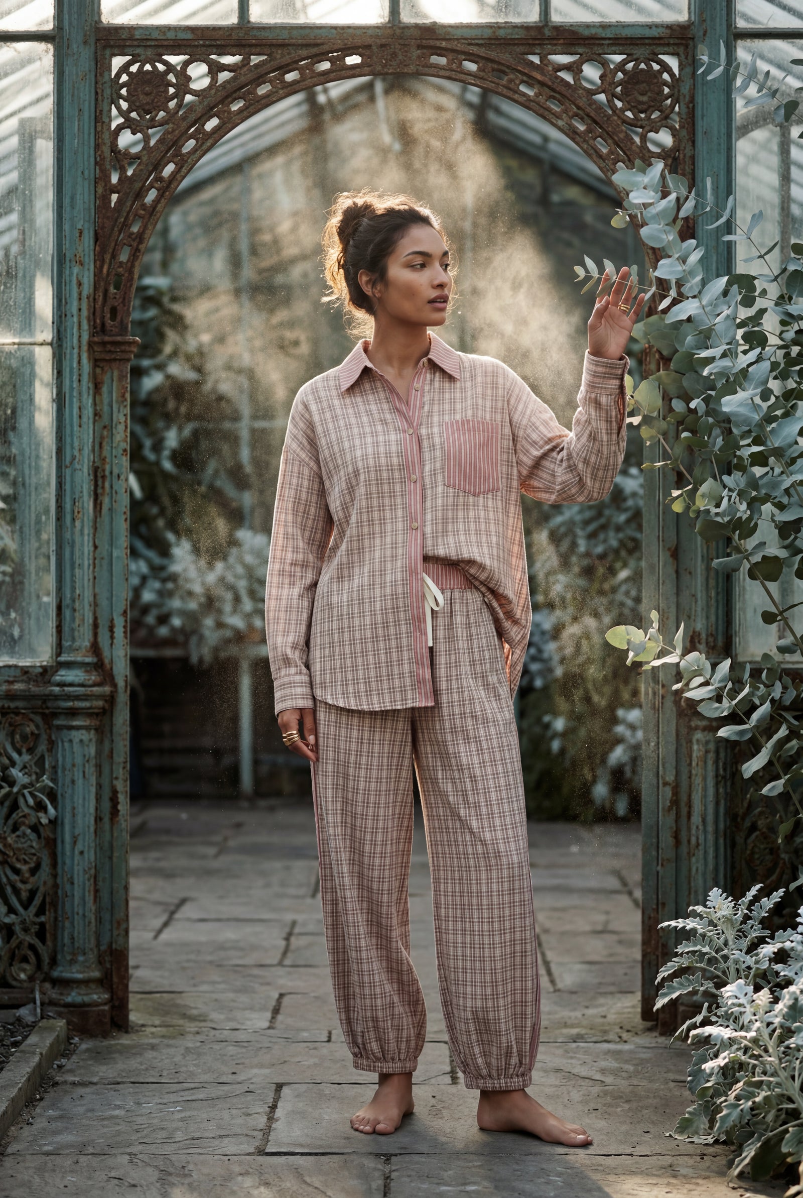 Pink Patchwork Button-up Pajama Set with Jogger Pants - Photo 8