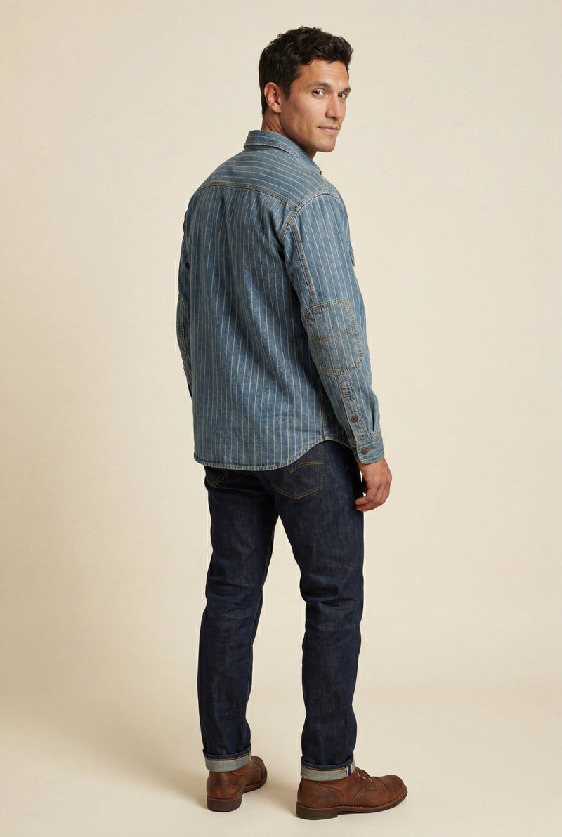 Blue Pinstripe Button-up Shirt with Chest Pockets - Denim shirts - Photo 3