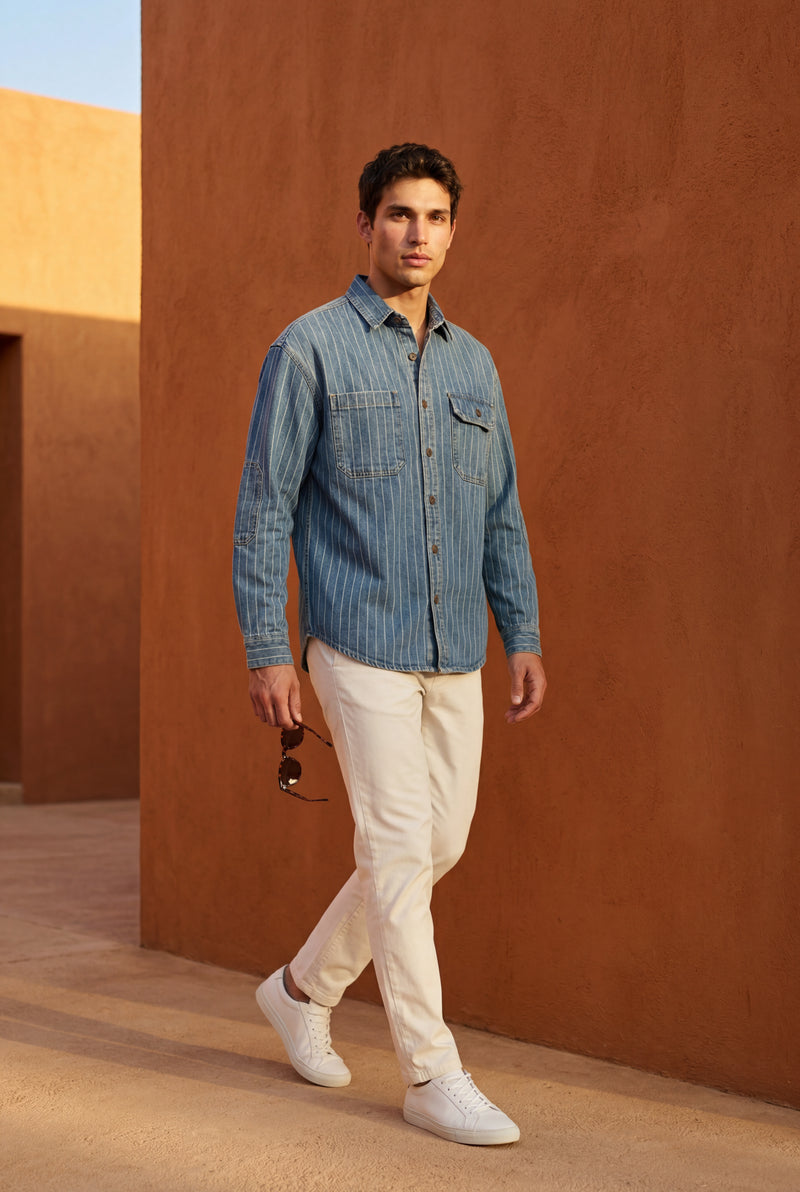 Blue Pinstripe Button-up Shirt with Chest Pockets - Denim shirts - Photo 4