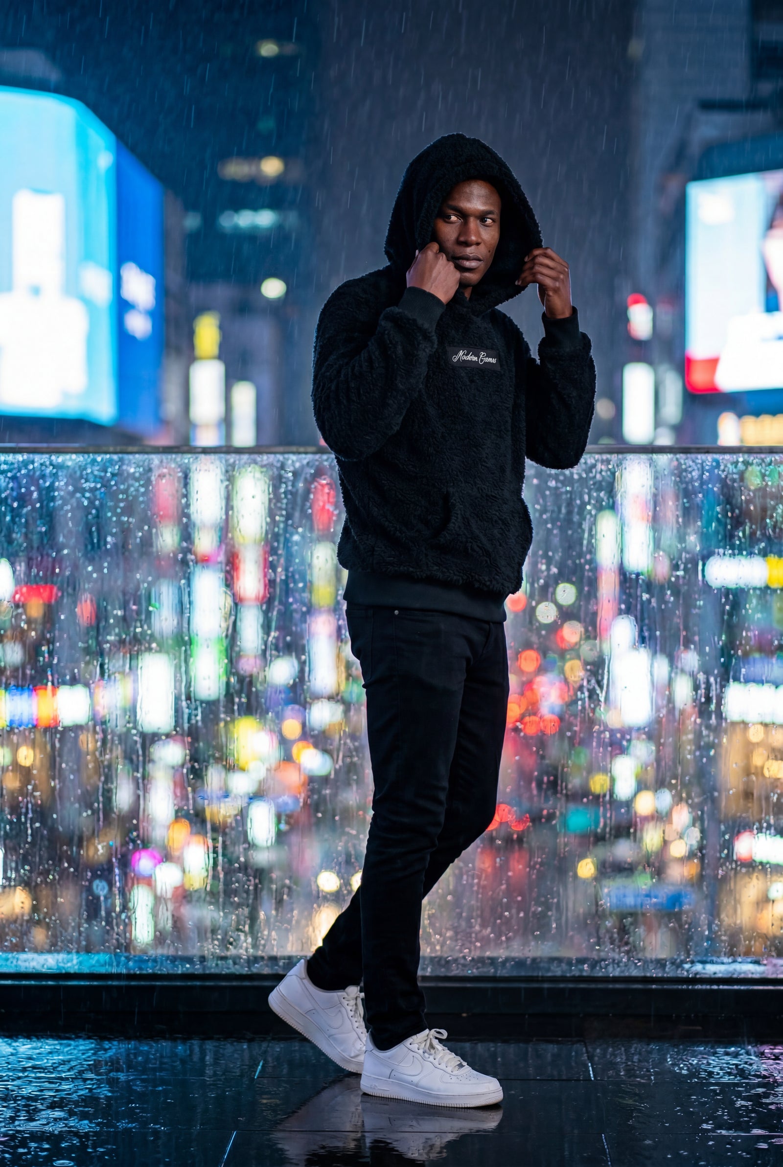 Black Plush Relaxed Fit Hoodie with Kangaroo Pocket - Photo 12