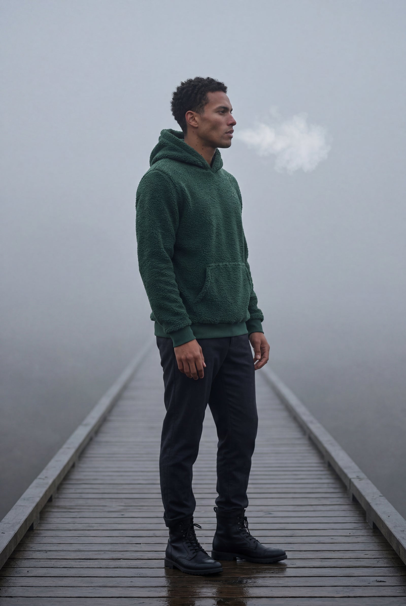 Dark Green Plush Relaxed Fit Hoodie with Kangaroo Pocket - Photo 15